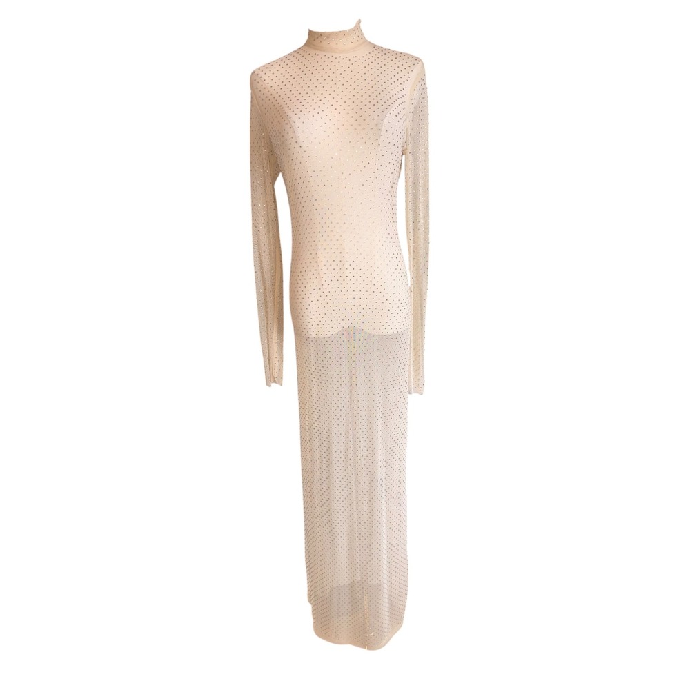 H&M Rhinestone Mesh Maxi Dress Nude Tan Mock Neck Long Sleeve Medium NWT